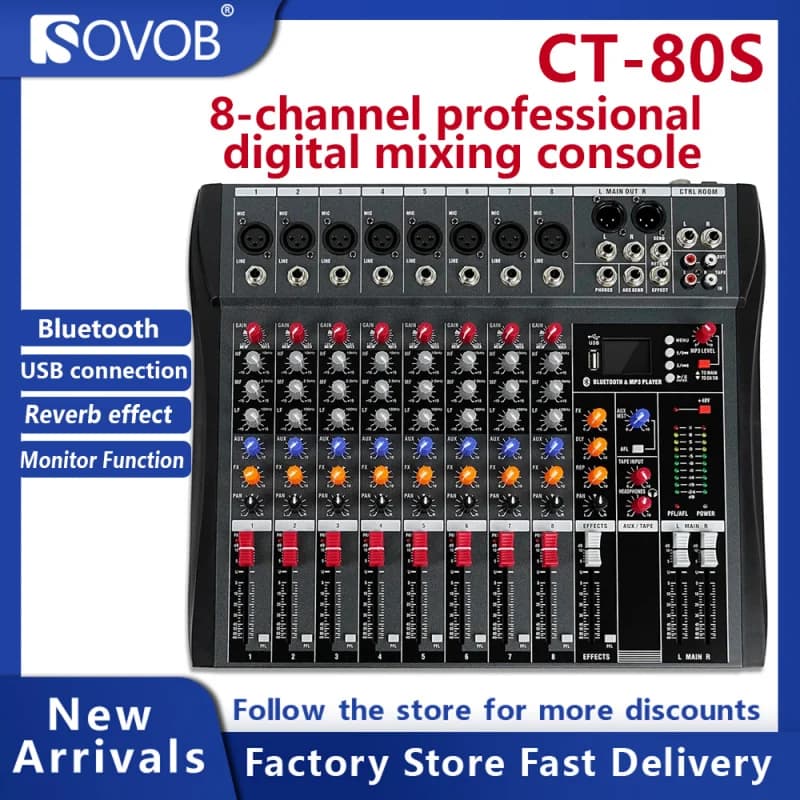 CT-80S 8 Channel Mixing Console with Echo Bluetooth Playback Effects Balanced Stereo Mixer Digital Stage Performance Equipment