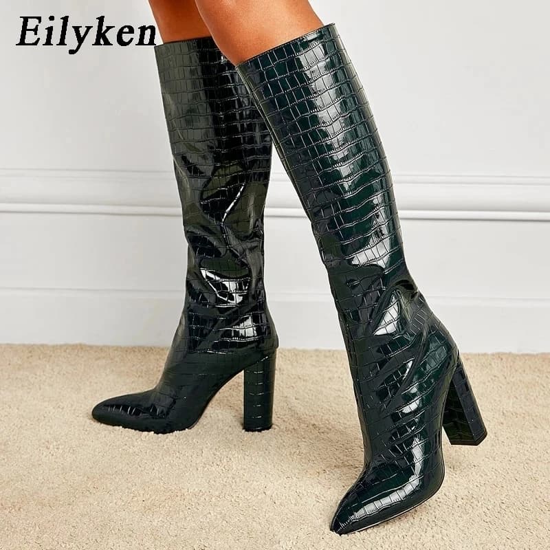 Eilyken 뱀무늬 여성 무릎길이 부츠 포인티드토 겨울 롱부츠