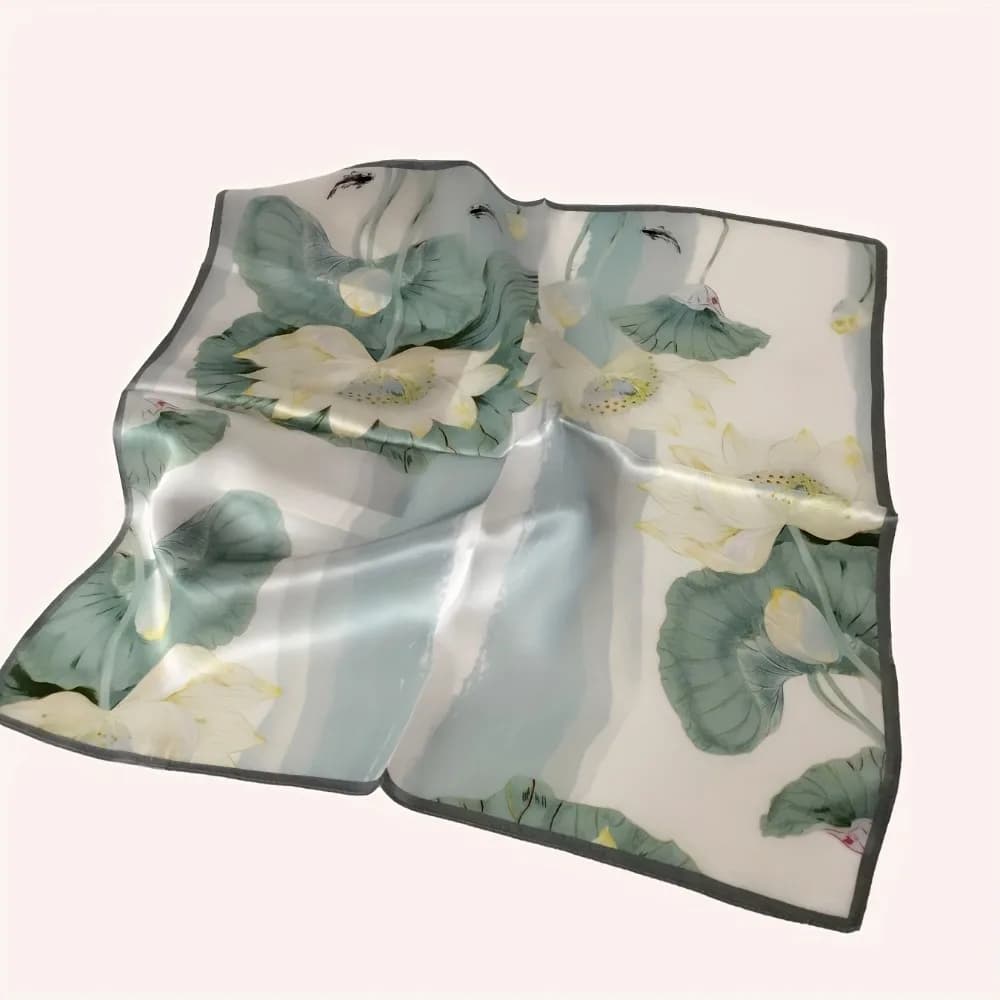 1pc of 21.65-Inch Light Green Chinese Retro Women'S Silk Square Scarf, Silk Neck Scarf Headscarf, Ink Painting Lotus An