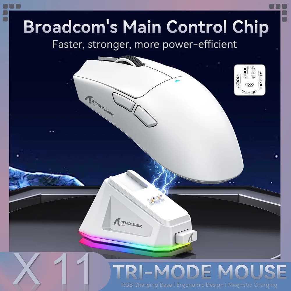 Attack Shark X11 무선 마우스, Bluetooth/2.4G/유선 트라이 모드 마우스, PAW3311 RGB 자기 충전 도크 게임용 마우스