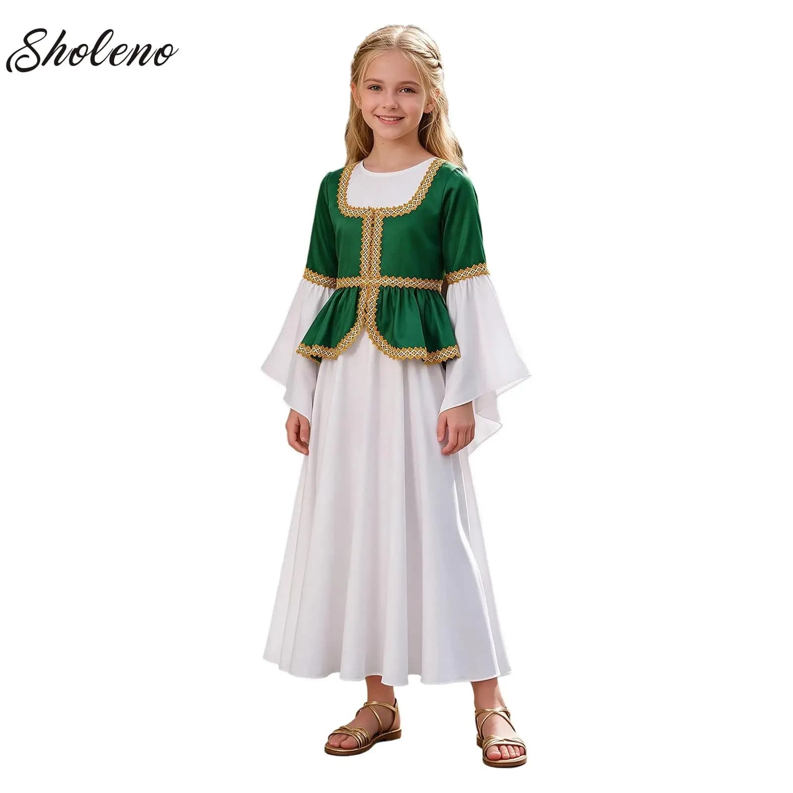 Girls Peplum Medieval Princess Dress Long Sleeve Renaissance Retro Robe Ancient Roman Long Dress for Halloween Carnival Party