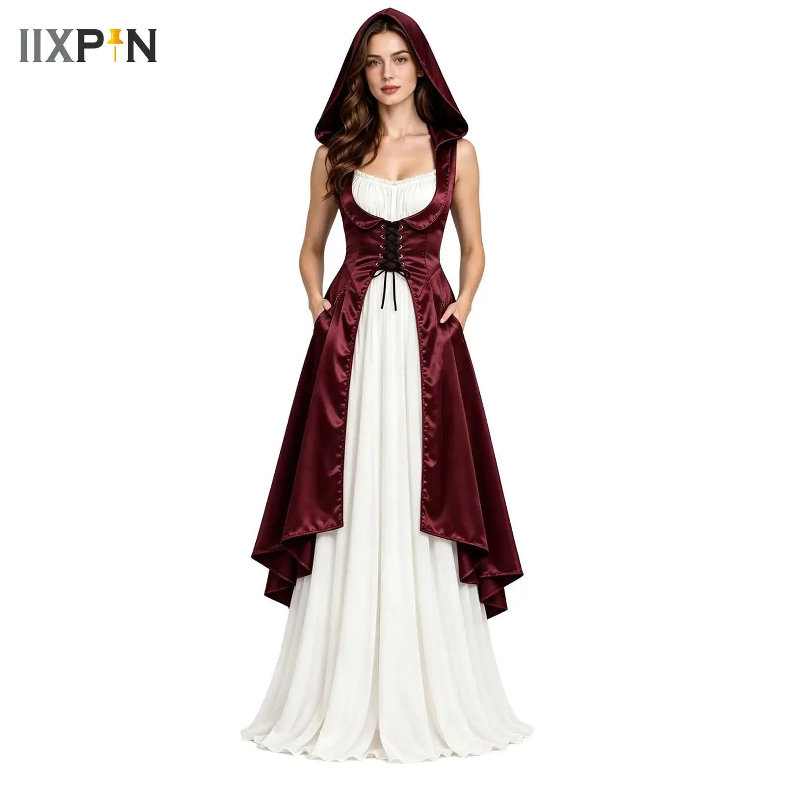 Womens Renaissance Costumes Halloween Costume for Womens Medieval Vintage Hooded Costume Lace-up High Low Satin Pullover Dress