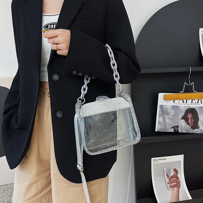 Clear Crossbody Bags for Women PVC Transparent Single Shoulder Chain Portable Messenger Bags Small Square Satchel Bag Girls Gift