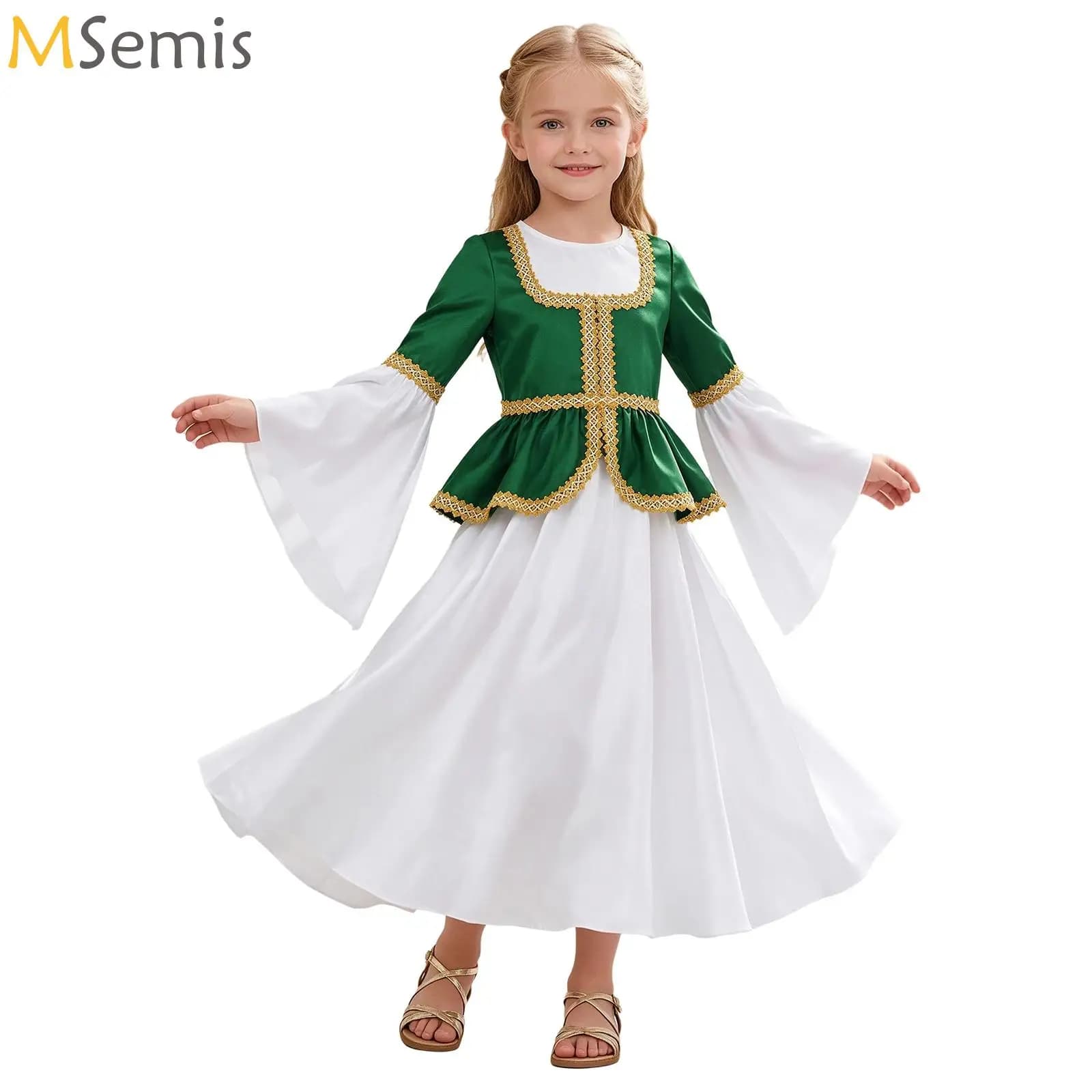 Long Flare Sleeve Medieval Princess Carnival Party Dress Up Kids Girls Retro Renaissance Peplum Dress Queen Cosplay Costume