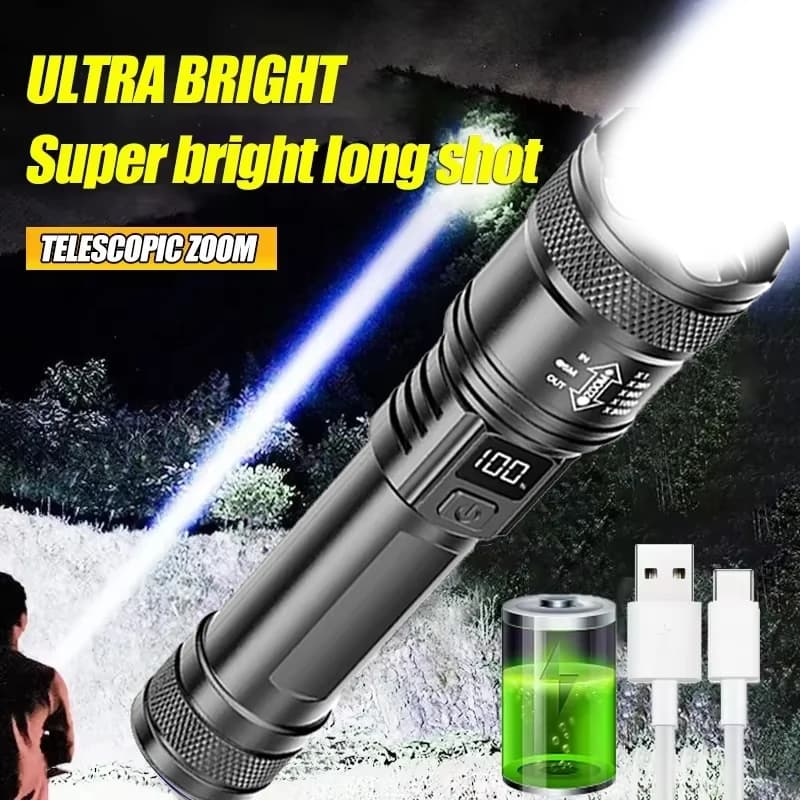 고출력 LED 손전등 2000루멘 전술 손전등 디스플레이 USB 충전 캠핑 낚시 줌