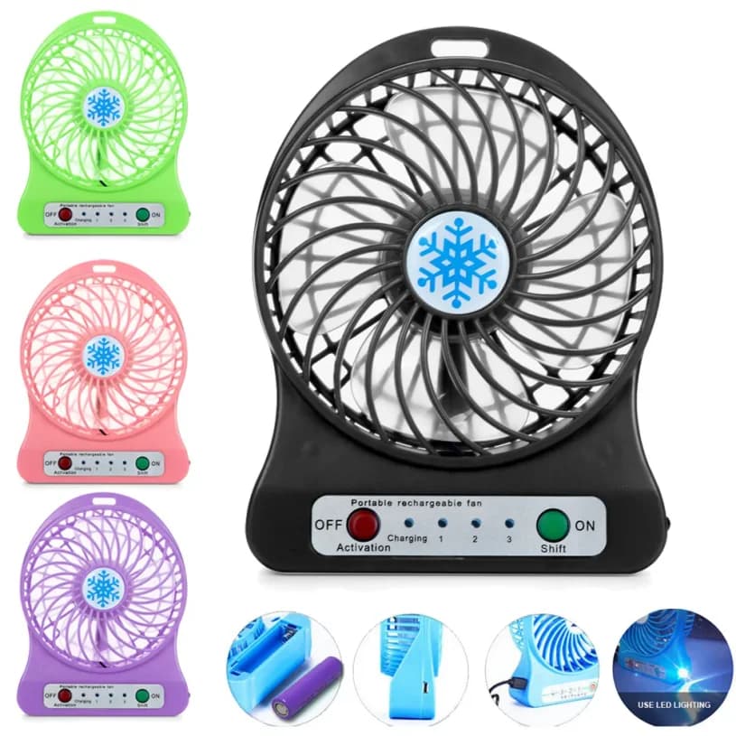 휴대용 충전식 LED 조명 선풍기 미니 데스크 USB 18650 배터리 단색 플라스틱