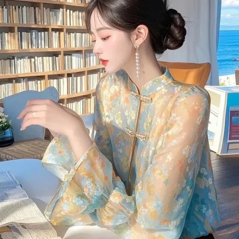 중국풍 플로럴 시폰 블라우스 만다린칼라 플레어 소매 시스루