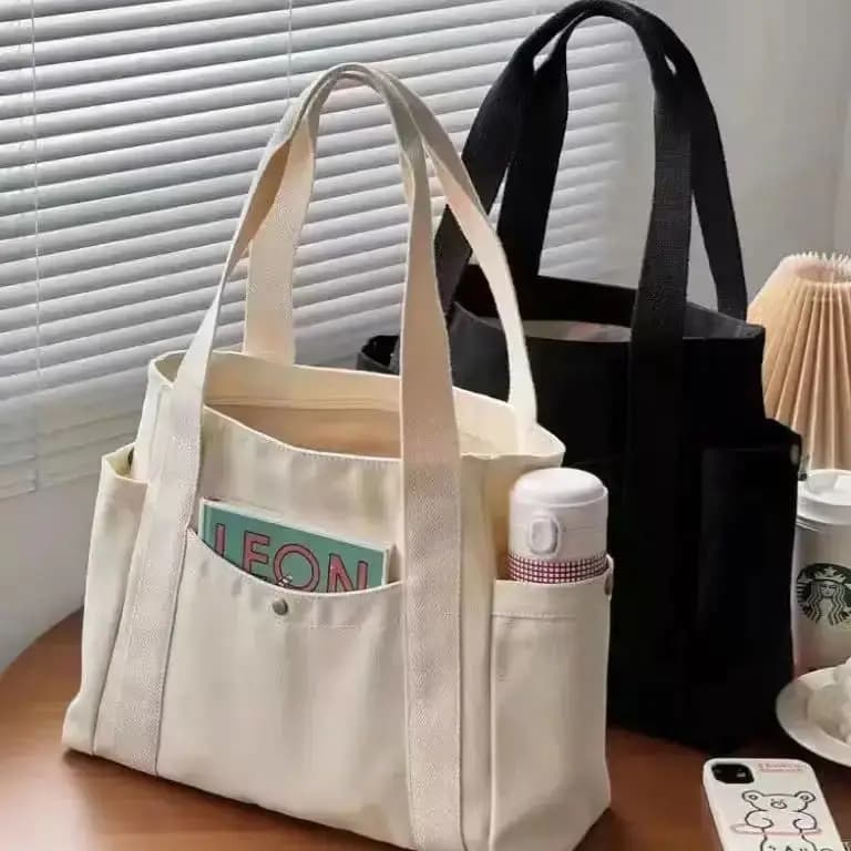 학생용 대용량 캔버스 멀티포켓 숄더백