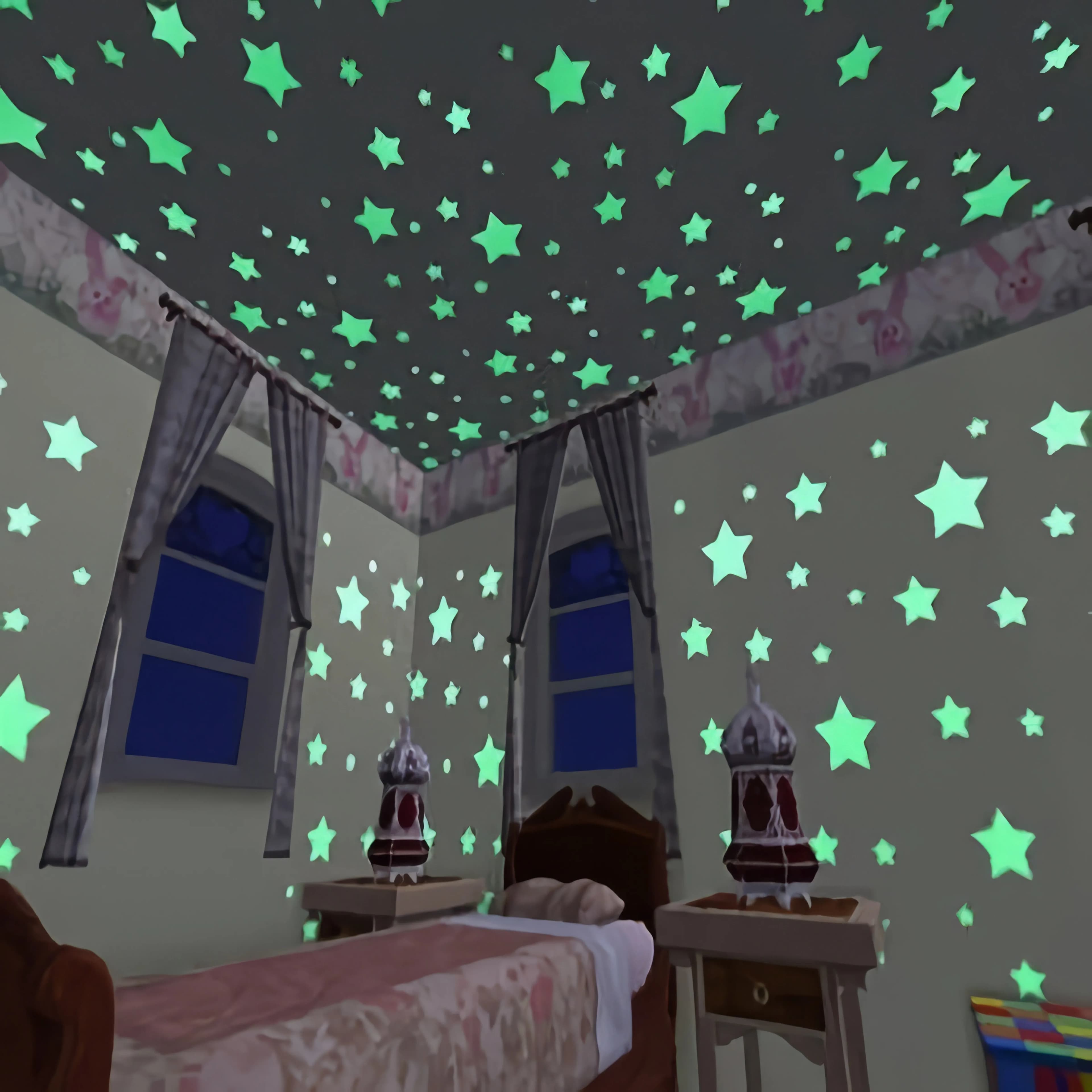 Small Star Mixed Colors/green/pink/blue, Reusable, Illuminated Ceiling Decoration, Suitable for Teenage Bedrooms