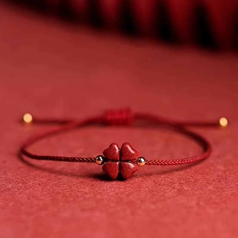 Cinnabar Four-Leaf Clover Lucky Bracelet Handmade Woven Wealth Amulet for Women, New Year Christmas Easter Blessing Gift