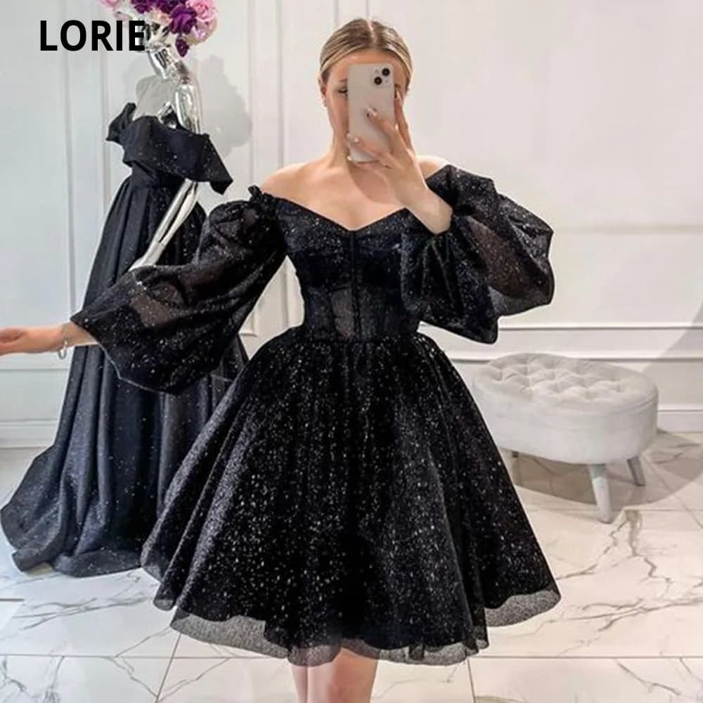LORIE 블랙 숏 이브닝 드레스 튤 A라인 프롬 파티