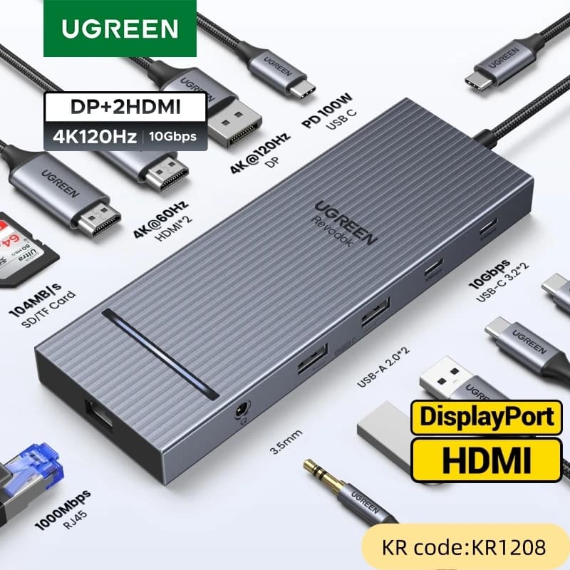 UGREEN 12in1 USB 허브 USB-C 2HDMI 4K DP RJ45 PD100W 도킹