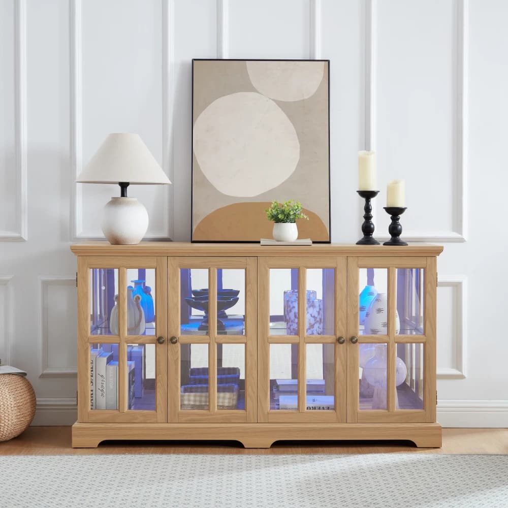 LED Curio Display Cabinet: Glass Doors, Adjustable Shelves, 4-Door OAK for Home/Office