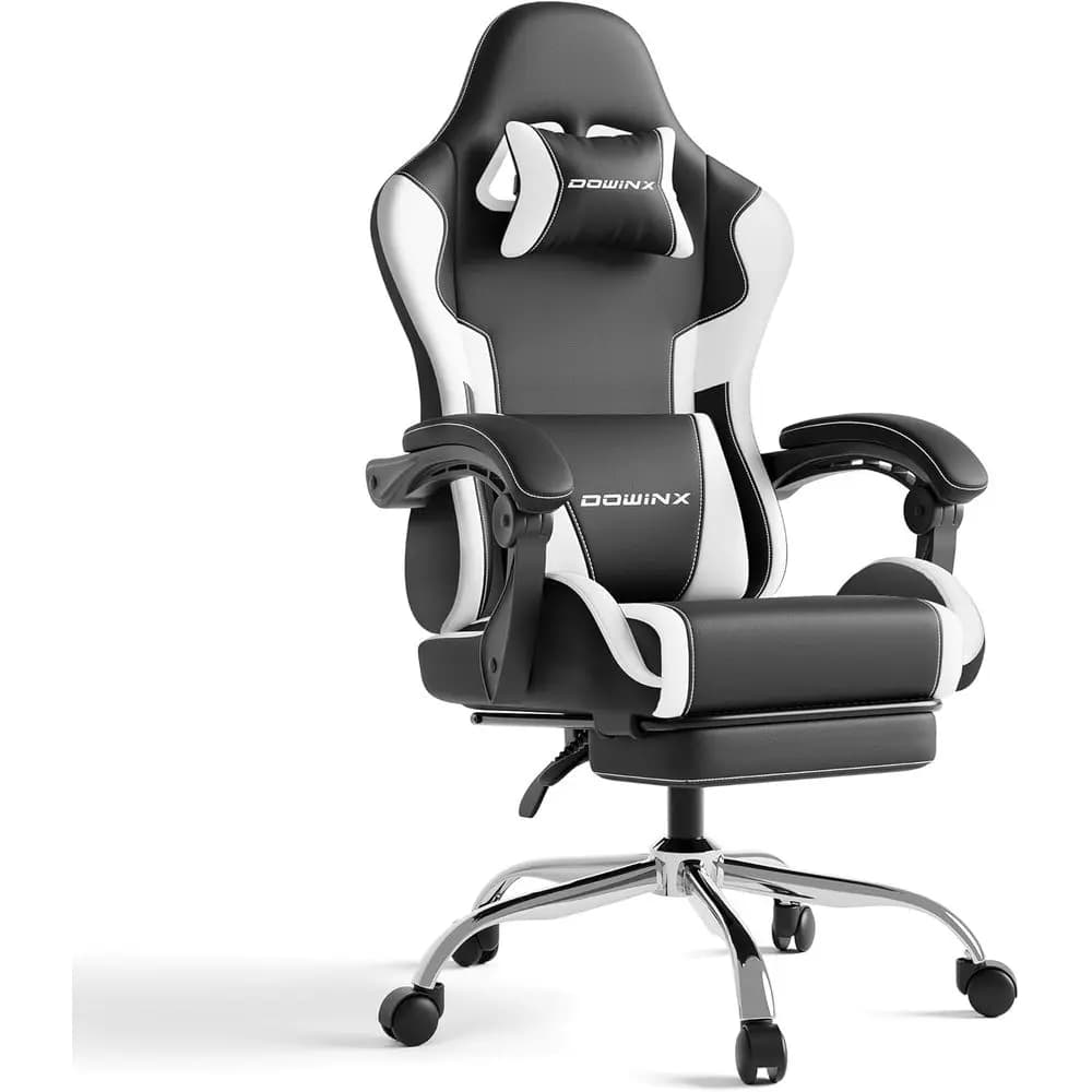 Ergonomic Gaming Chair with Lumbar Support and Pillow, 330lbs Capacity, White, Ideal for Home, Streaming, and Extended Gaming Se