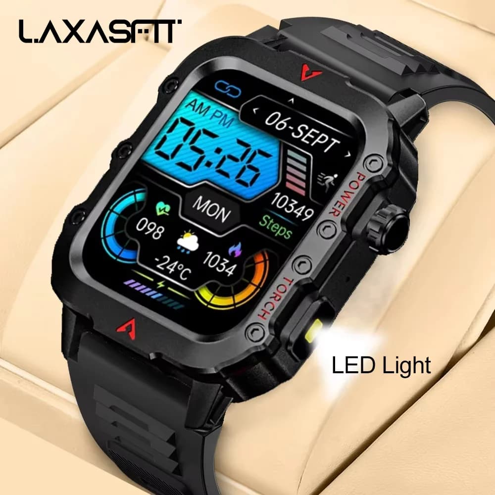 LAXASFIT 남성 스마트워치 LED 손전등 야외 스포츠 건강 측정