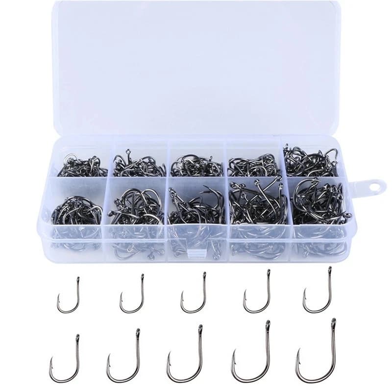 낚시 후크 100pcs 세트 높은 탄소 강철 날카로운 내구성 가시 Fishhook 바위 낚시 장비 기어 태클 액세서리 상자