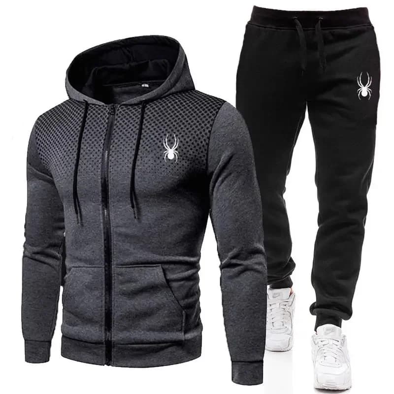 Spring Autumn New Men's 2-Piece Set, Casual Sportswear Printed Hooded Zipper Jacket & Pants, Fashion Men's Outfit