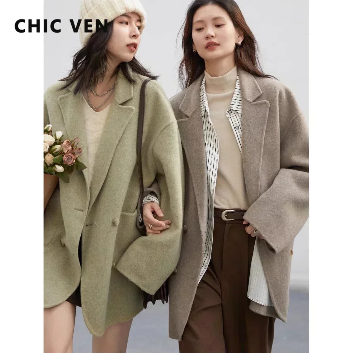 CHIC VEN 여성용 울 코트 루즈 캐주얼 더블 브레스티드 레트로 양면 재킷 오피스 레이디 아우터웨어 가을 겨울 2026