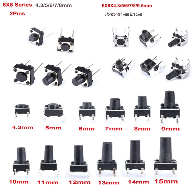 6x6 택트 스위치 50개 4.3-10mm 2/4핀 푸시버튼 DIP PCB 마이크로 스위치