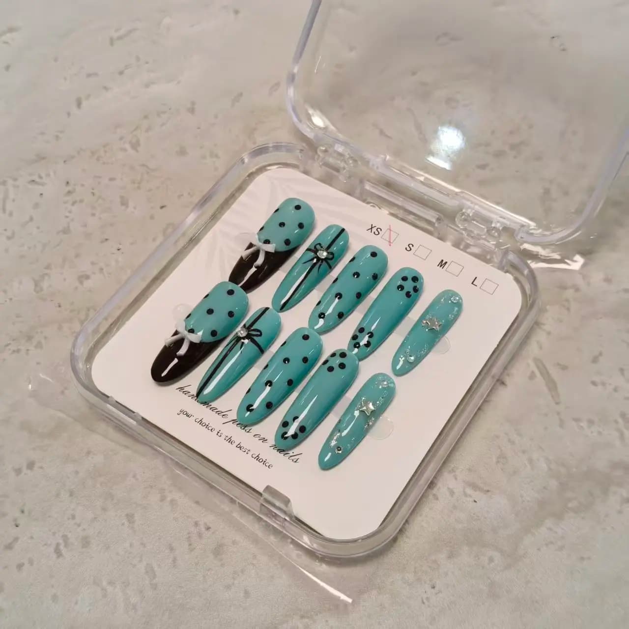 수제 프렌치 오벌 네일팁 10개 세트 다이아몬드 별 리본 블루 인조네일
