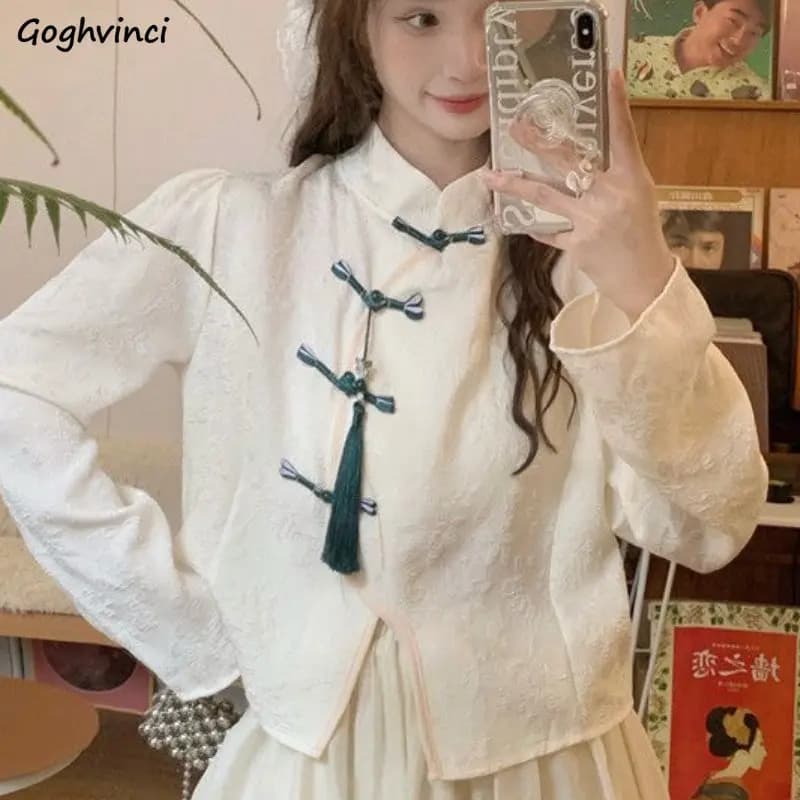 중국풍 만다린칼라 셔츠 태슬 디자인 긴소매 빈티지 루즈핏