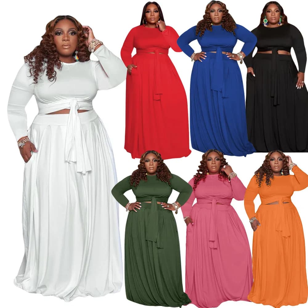 XL-5XL 빅사이즈 여성 라운드넥 긴소매 붕대 스커트 투피스 세트