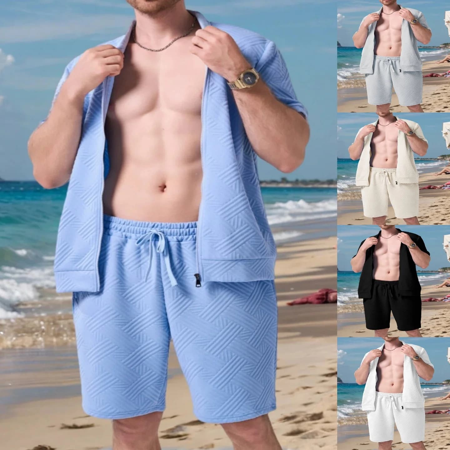 여름 남성 자카드 단색 캐주얼 루즈핏 비치 지퍼 상하의 세트