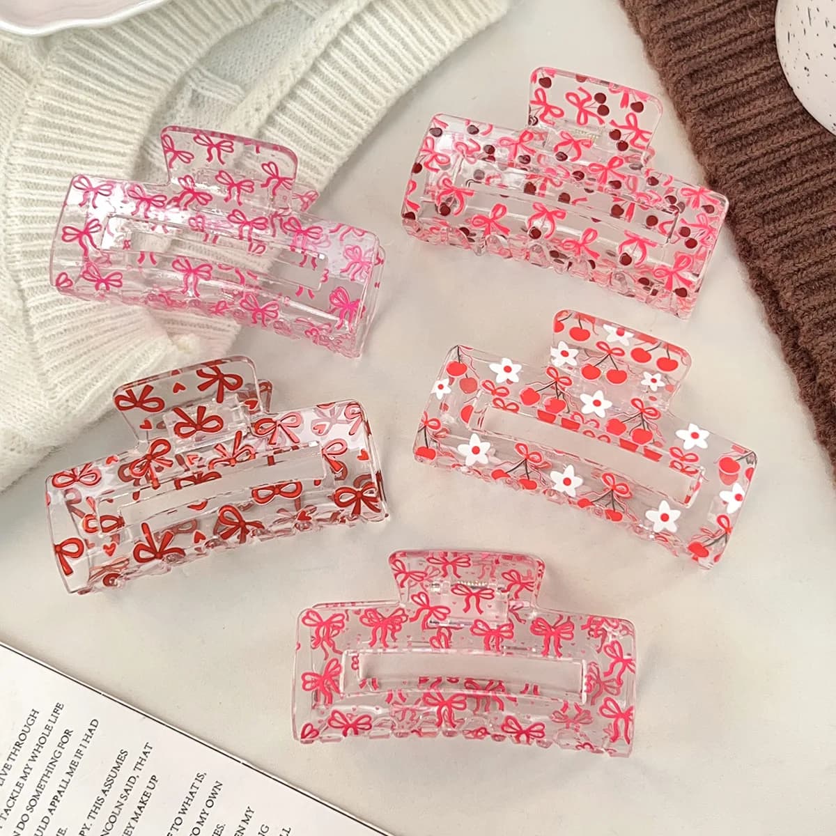8cm 핑크 리본 체리 하트 헤어 집게핀 여성 집게 클립