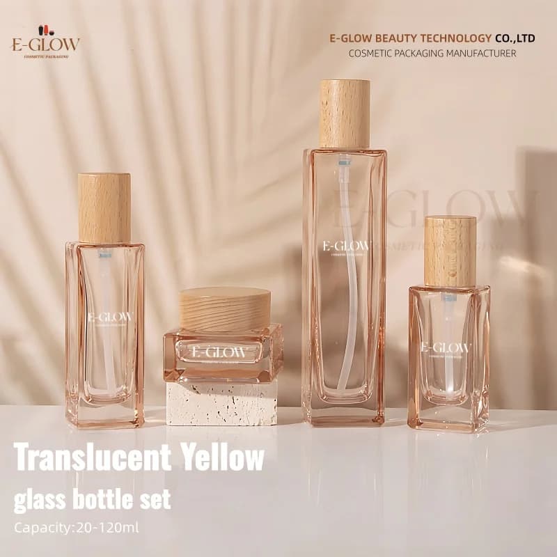 로고 커스텀 원목캡 100ml 50ml 옐로 사각 유리 로션병 크림용기 세트