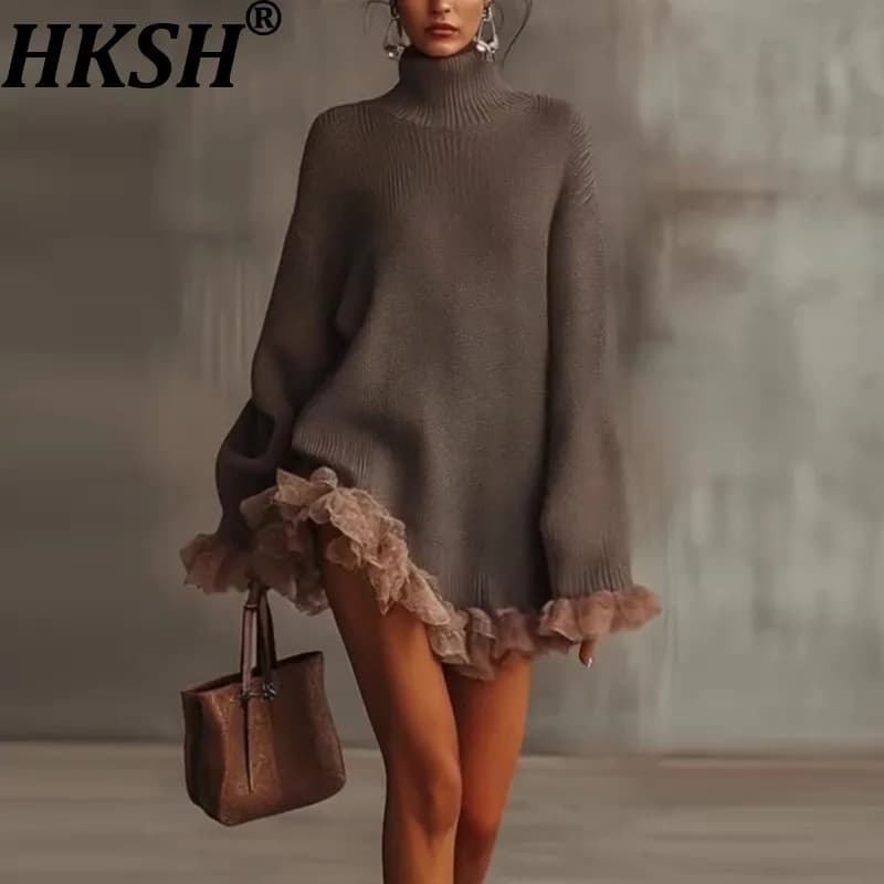 HKSH 가을 여성 터틀넥 니트 스웨터 긴소매 패치워크 러플헴 우아한 탑