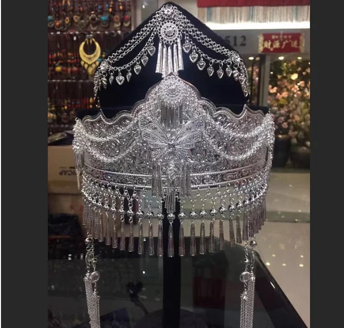 Ethnic Minority Miao Silver Hat Stage Costume Headwear Birthday Celebration Silver Hat