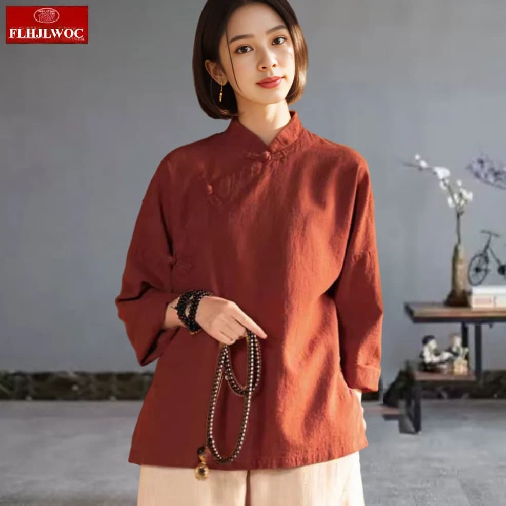 면 린넨 상의 차이나풍 치파오 카라 여성 가을 레트로 셔츠