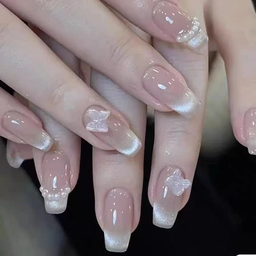핑크 나비 붙이는 네일팁 캣아이 블러셔 수제 인조손톱 10개