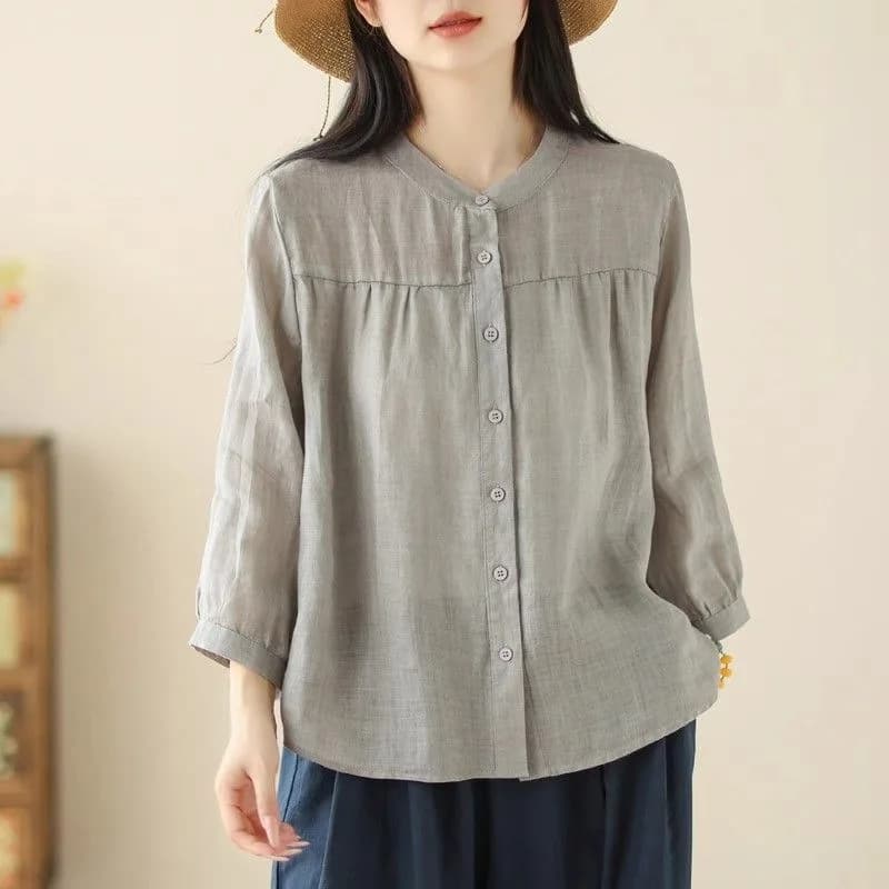 여성 린넨 만다린 칼라 7부 소매 버튼다운 블라우스