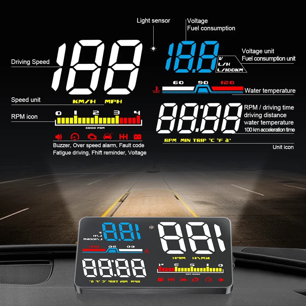 HUD D5000 OBD2 헤드업 디스플레이 차량용 속도계 RPM 과속경보 LED