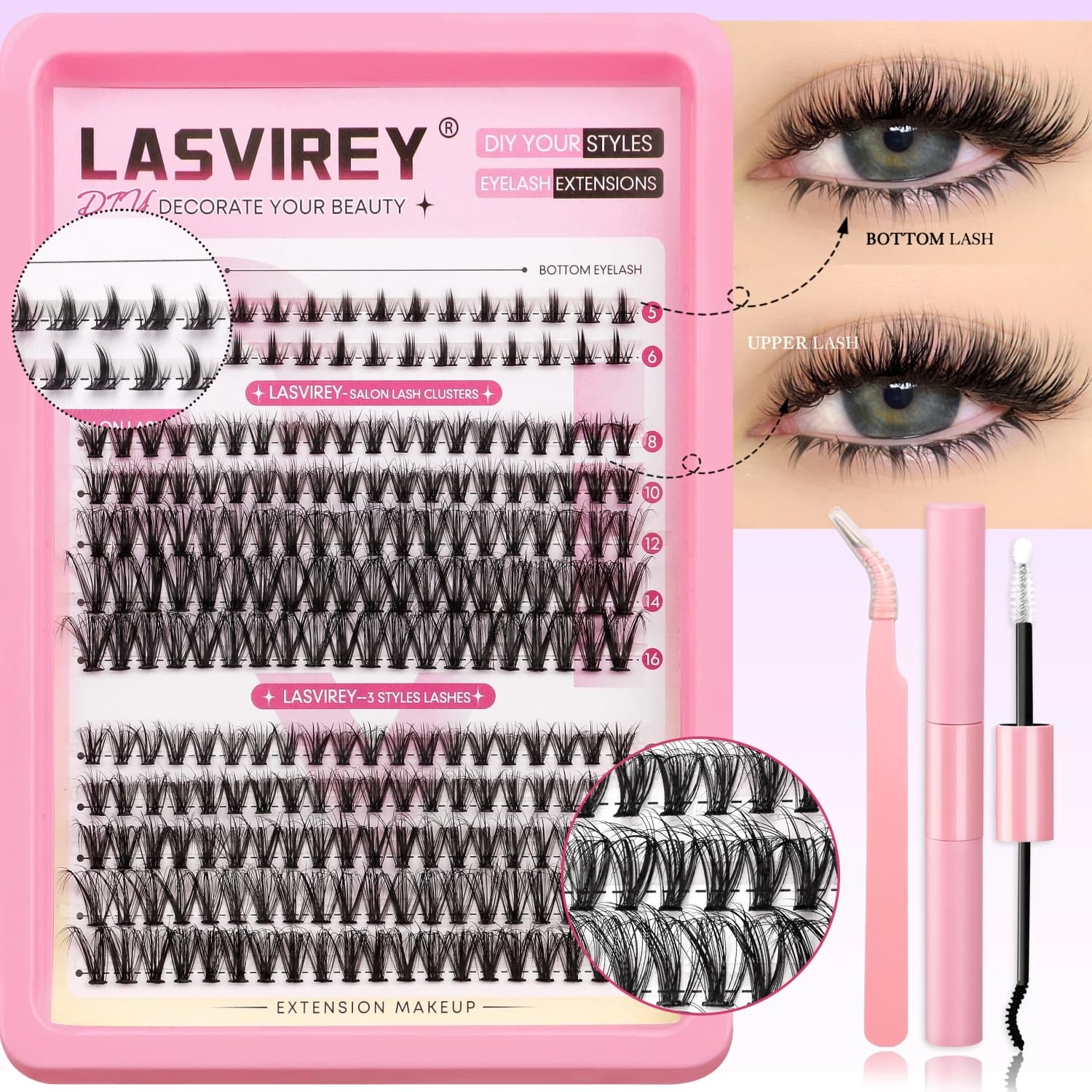 Lasvirey DIY 속눈썹 키트 풍성한 클러스터 속눈썹 연장 세트