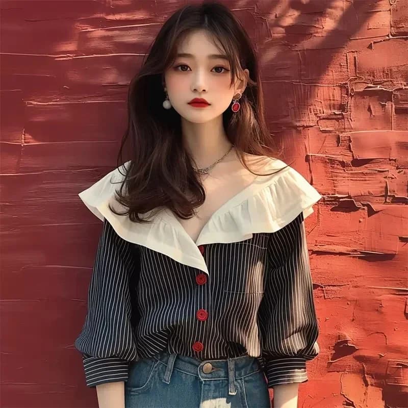 빈티지 여성 시폰 스트라이프 블라우스 루프 긴소매 셔츠