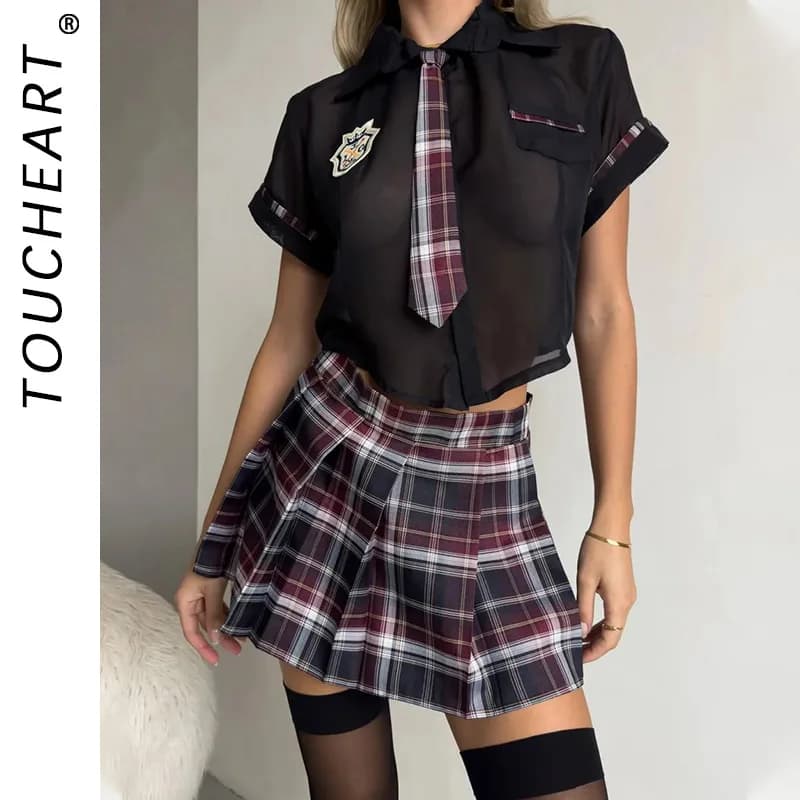 Toucheart 프레피 스타일 섹시 유니폼 세트 여성 시스루 탑+레이스업 미니스커트 코스프레