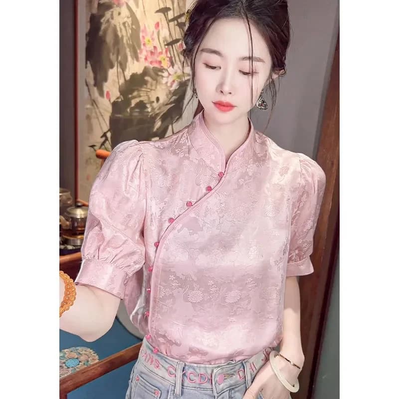 여성 블러시 핑크 중국풍 블라우스 만다린 칼라 퍼프소매 자카드 상의
