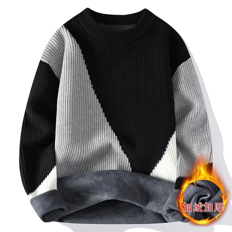 겨울 남성 플리스 니트 풀오버 라운드넥 줄무늬 스웨터 4XL