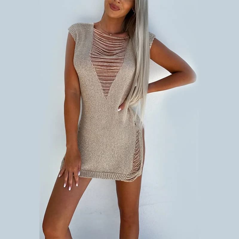Sexy Deep V Tassel Beach Mini Dress, Sleeveless Beachwear Swimwear, Crochet Swimsuit Woman Bathing Suit, Knit Bikini Cover-up