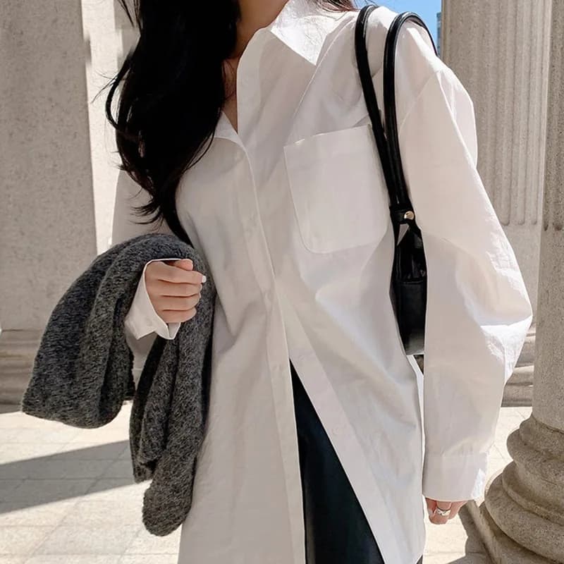 여성 우아한 화이트 캐주얼 루즈 코튼 긴팔 카라 블라우스